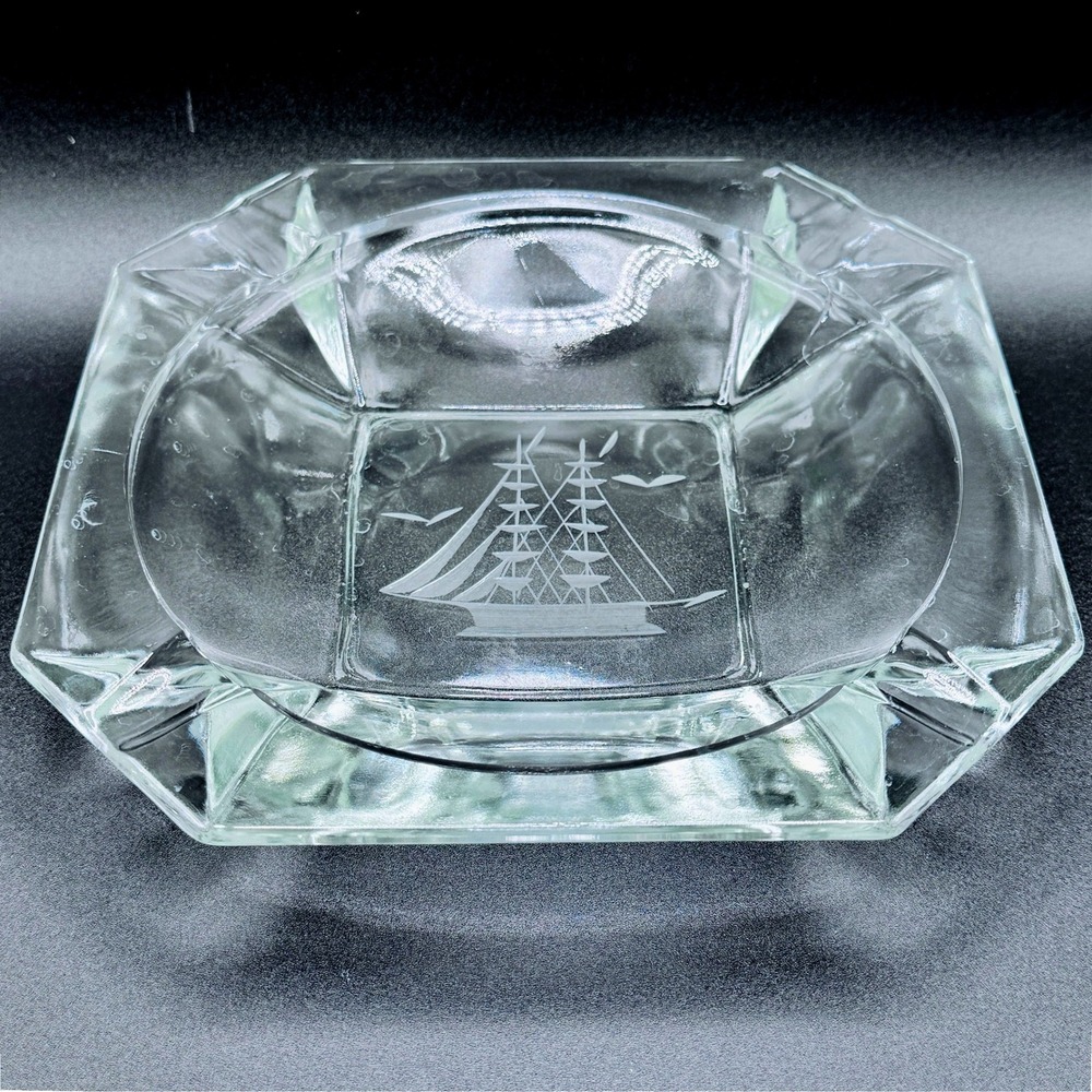 Vintage Etched Glass Nautical Ship Ashtray Square Maritime Clipper Sailboat